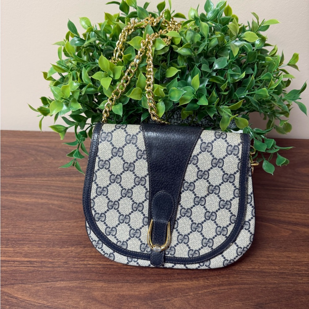 Gucci Blue and Beige Cross Bag with Gold Chain